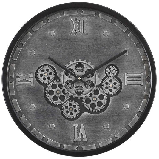 BLACK GREY MOVING GEARS WALL CLOCK