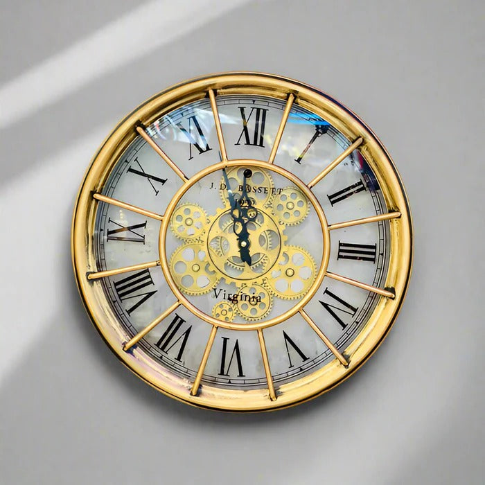 GOLDEN METALLIC MOVING GEARS WALL CLOCK