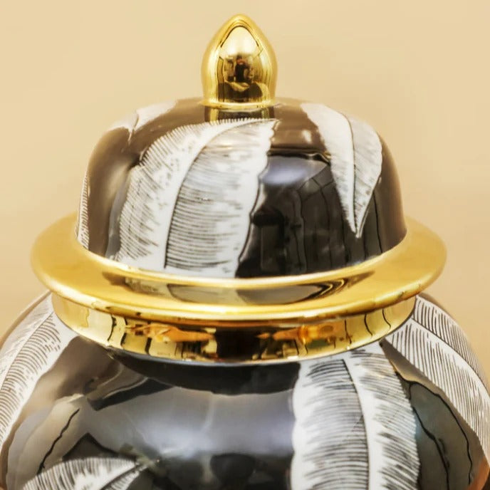 BLACK LEAFLET DESIGN TEMPLE JAR