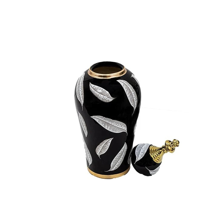 BLACK LEAFLET DESIGN TEMPLE JAR