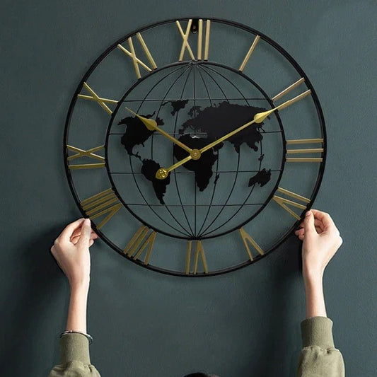 WORLD MAP METALLIC WALL CLOCK
