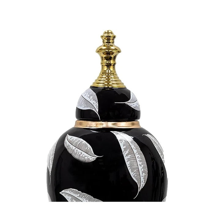 BLACK LEAFLET DESIGN TEMPLE JAR