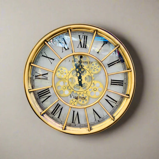 GOLDEN METALLIC MOVING GEARS WALL CLOCK