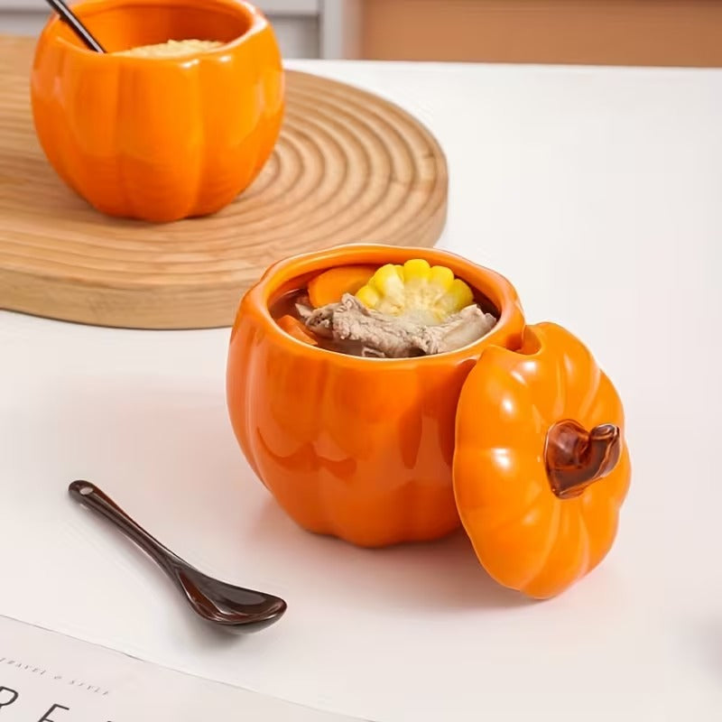 PUMPKIN SHAPE CERAMIC SOUP BOWL WITH LID
