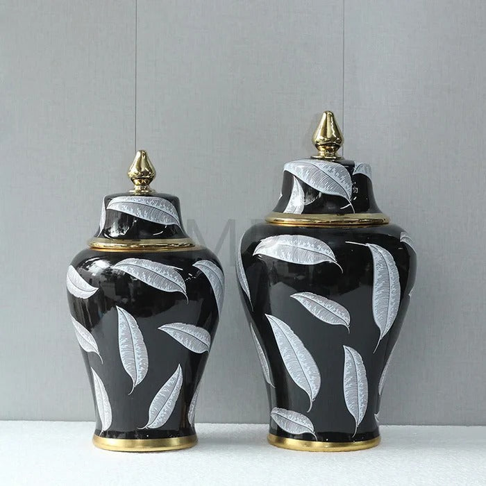 BLACK LEAFLET DESIGN TEMPLE JAR