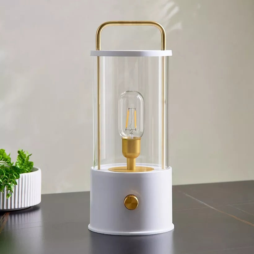 MODERN GLASS CYLINDER TABLE LAMP WITH GOLD ACCENTS
