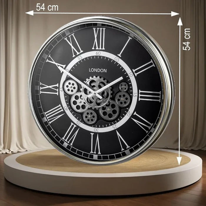 BLACK METALLIC MOVING GEARS WALL CLOCK