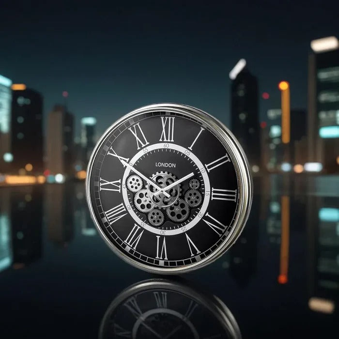 BLACK METALLIC MOVING GEARS WALL CLOCK