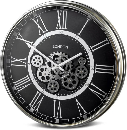 BLACK METALLIC MOVING GEARS WALL CLOCK