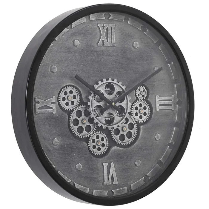 BLACK GREY MOVING GEARS WALL CLOCK