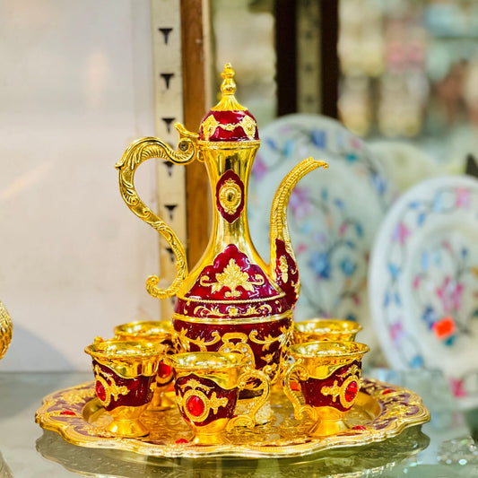 METALLIC TEAPOT WITH 6 CUPS AND TRAY