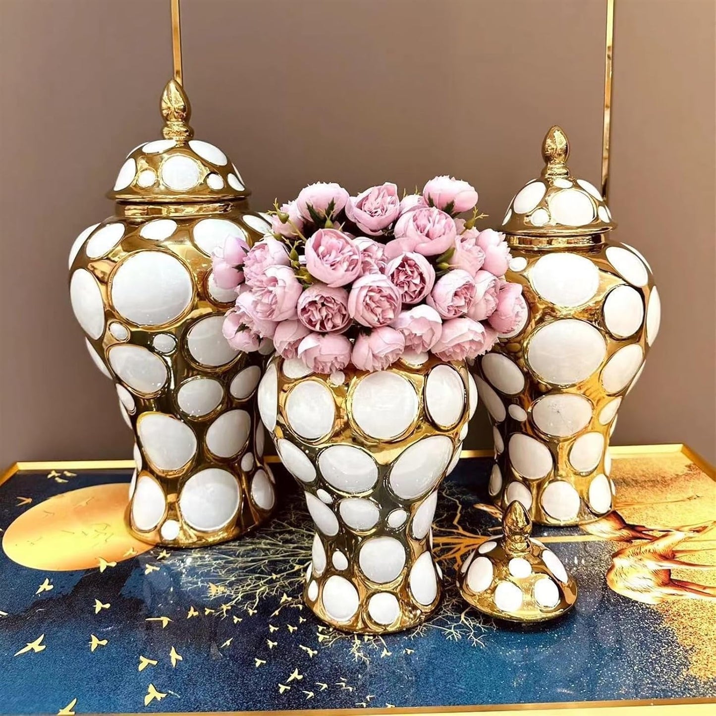 WHITE & GOLDEN CERAMIC JARS WITH LID