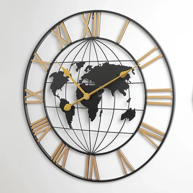 WORLD MAP METALLIC WALL CLOCK