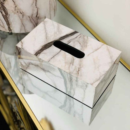 WHITE MARBLE DESIGN BASKET WITH TISSUE BOX