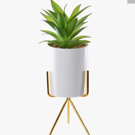 WHITE PLANTER WITH PERCHED TERRACOTTA POT