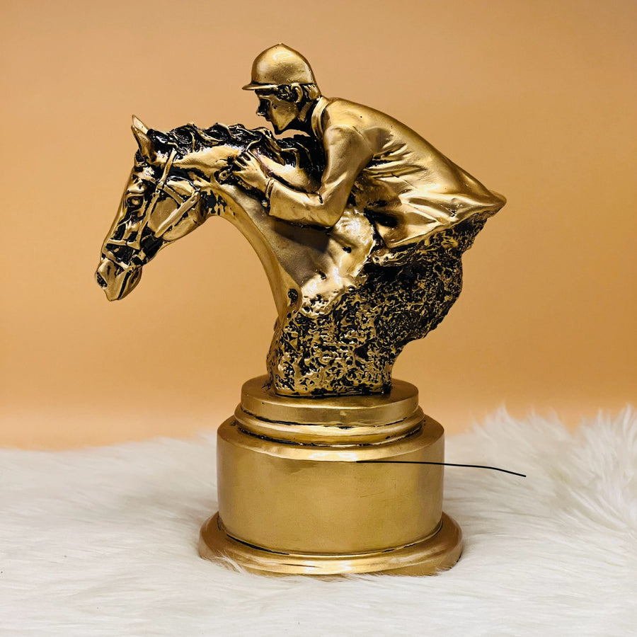 RACE HORSE AND JOCKEY RIDER SCULPTURE