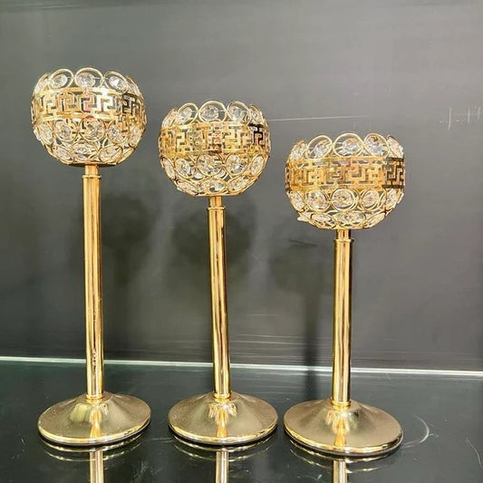 GOLDEN CRYSTAL BEADS CANDLE HOLDERS (3PCS)