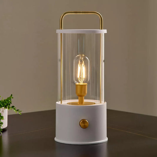 MODERN GLASS CYLINDER TABLE LAMP WITH GOLD ACCENTS