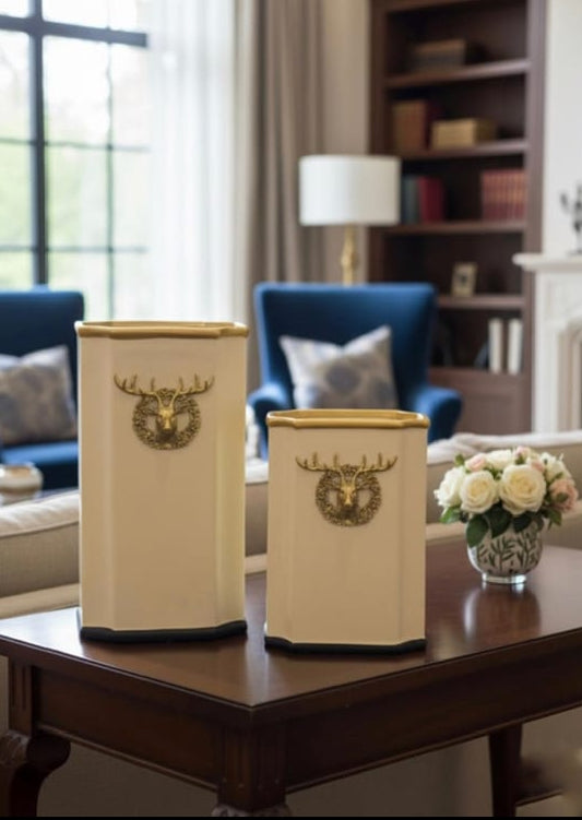 WHITE DEER DESIGN VASES (SET OF 2)