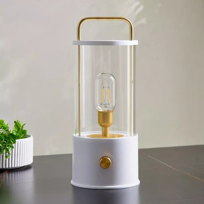 MODERN GLASS CYLINDER TABLE LAMP WITH GOLD ACCENTS