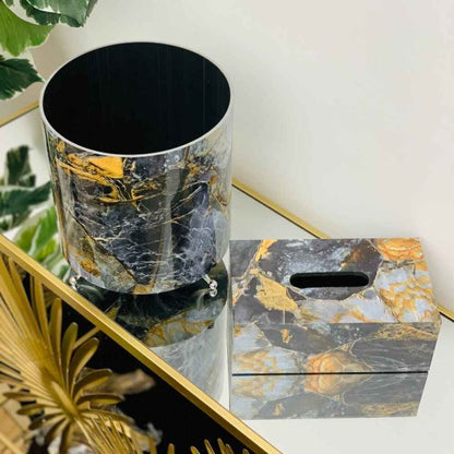 BLACK MARBLE DESIGN BASKET WITH TISSUE BOX