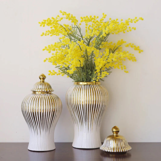 CERAMIC WHITE WITH GOLDEN LINES VASES (SET OF 2)