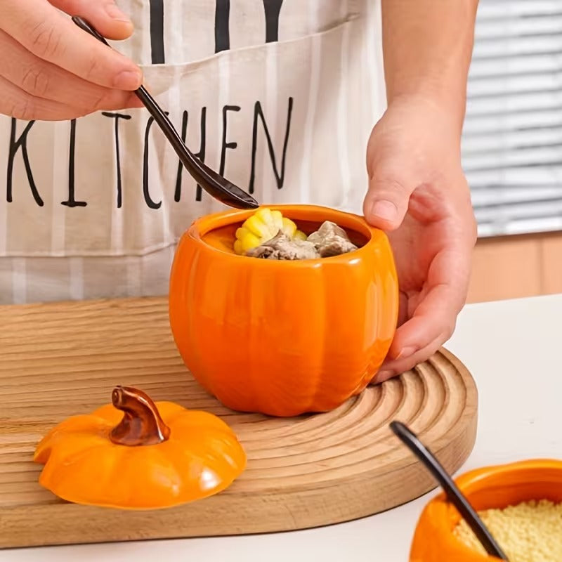 PUMPKIN SHAPE CERAMIC SOUP BOWL WITH LID