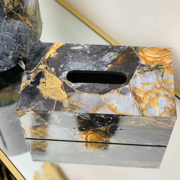 BLACK MARBLE DESIGN BASKET WITH TISSUE BOX