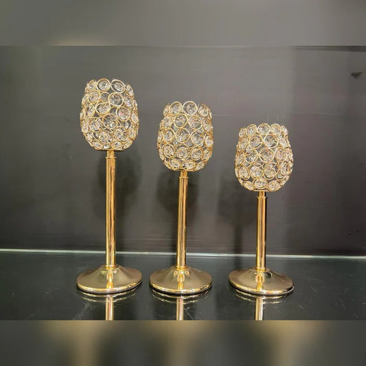 GOLDEN CRYSTAL BEADS CANDLE HOLDERS (3 PCS)