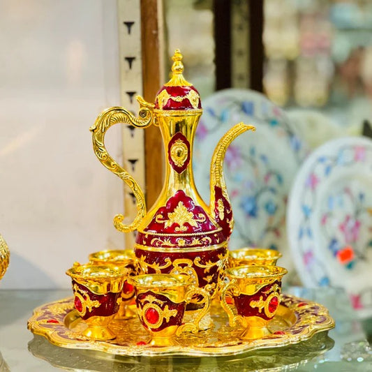 METALLIC TEA POT WITH CUPS & TRAY